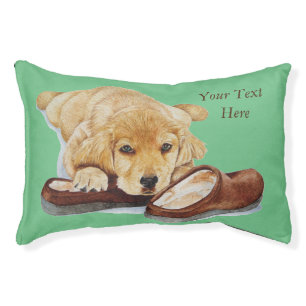 cute puppy golden retriever dog cuddling slippers pet bed