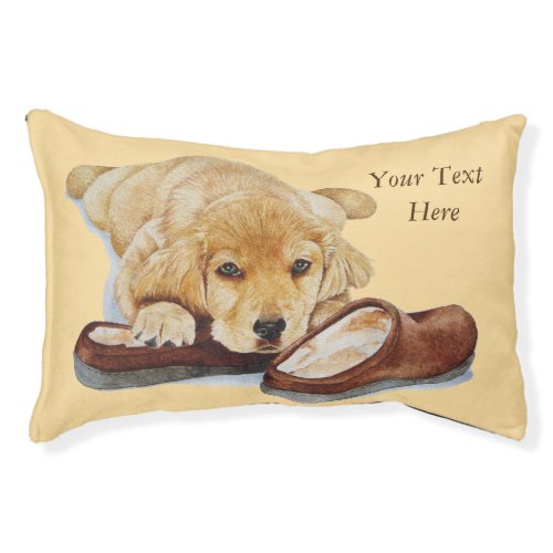 cute puppy golden retriever dog cuddling slippers pet bed