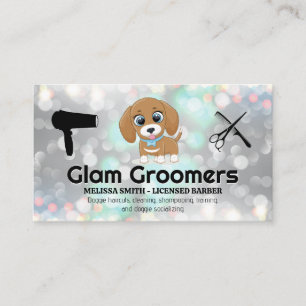 Cute Puppy Grooming Tools Glam Bokeh Business Card