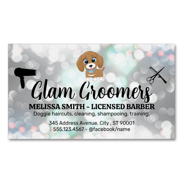 Cute Puppy | Hair Grooming Tools | Bokeh Business Card Magnet (Front)