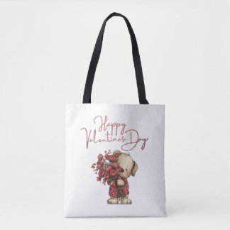 Cute Puppy Happy Valentine's Day Rose Bouquet Tote Bag