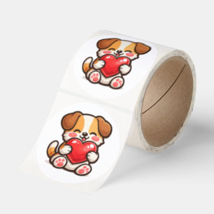 Cute Puppy Heart – Kawaii Dog Hugging Red Heart Classic Round Sticker