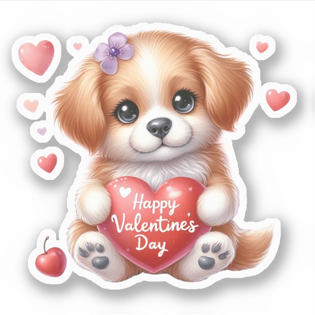 Cute Puppy Hearts Happy Valentine's Day Sticker (Front)
