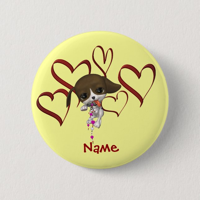 Cute Puppy Hearts Monogram Name Personalized Pinback Button (Front)