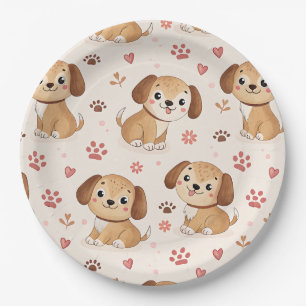 Cute Puppy Hearts Watercolor Pattern (1) Paper Plates