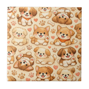 Cute Puppy Hearts Watercolor Pattern (2) Ceramic Tile