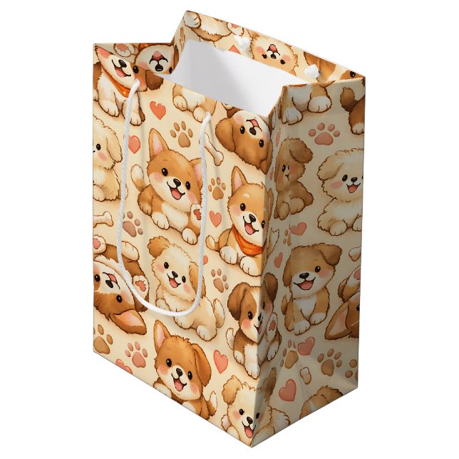 Cute Puppy Hearts Watercolor Pattern (2) Medium Gift Bag (Front Angled)