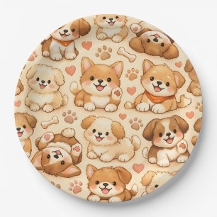 Cute Puppy Hearts Watercolor Pattern (2) Paper Plates