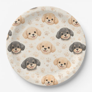 Cute Puppy Hearts Watercolor Pattern (3) Paper Plates