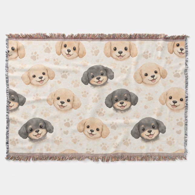 Cute Puppy Hearts Watercolor Pattern (3) Throw Blanket (Front)