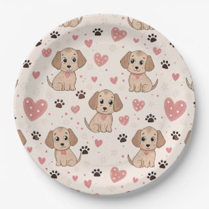 Cute Puppy Hearts Watercolor Pattern (4) Paper Plates