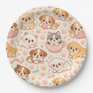 Cute Puppy Hearts Watercolor Pattern (5) Paper Plates