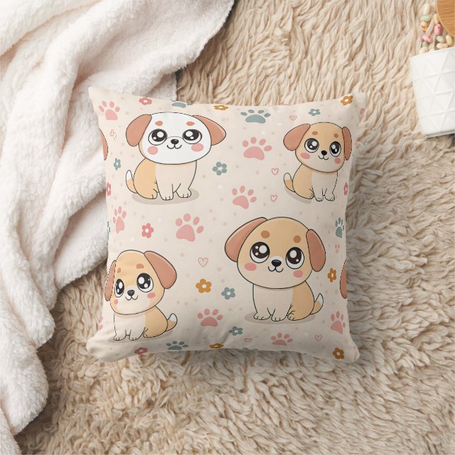 Cute Puppy Hearts Watercolor Pattern (6) Throw Pillow (Blanket)