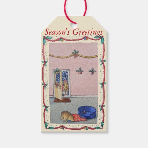 cute puppy hiding from Christmas carol singers Gift Tags