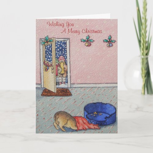 cute puppy hiding funny carol singers christmas holiday card