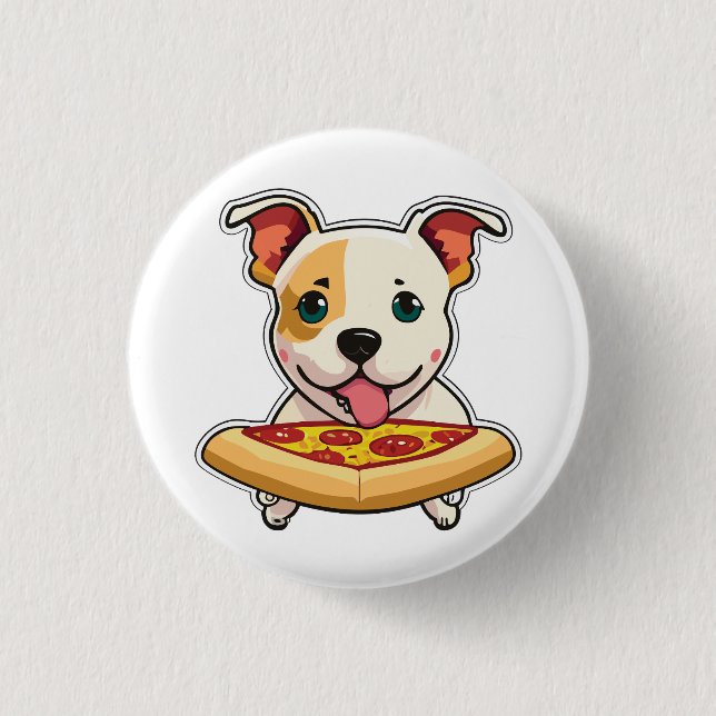 Cute Puppy Holding a Slice of Pizza Button (Front)