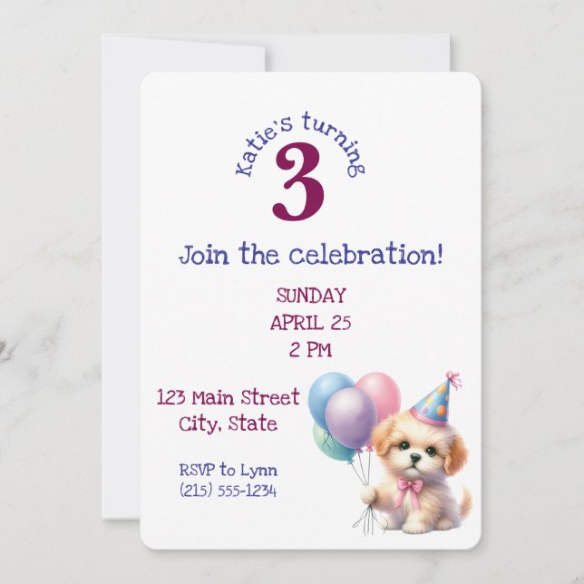 Cute Puppy Holding Balloons Birthday Party  Invitation (Front)