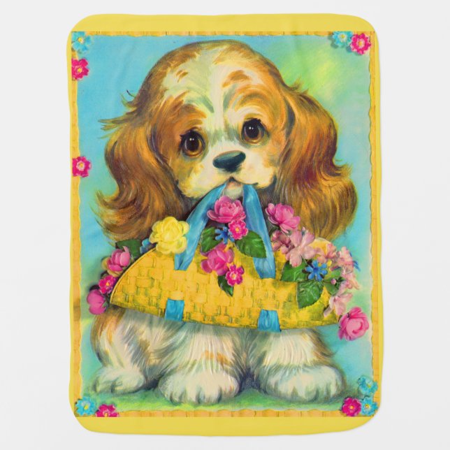 cute puppy holding flower basket baby blanket (Front)