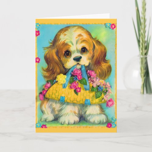cute puppy holding flower basket card