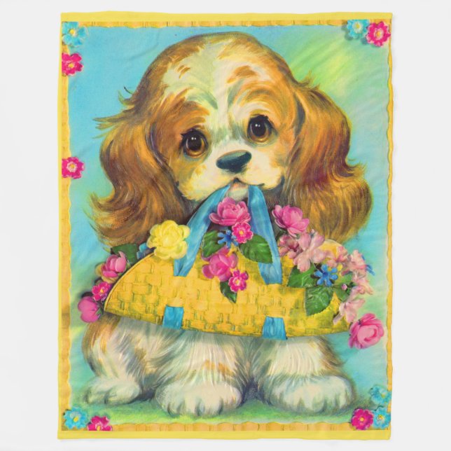 cute puppy holding flower basket fleece blanket (Front)