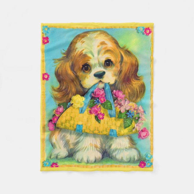 cute puppy holding flower basket fleece blanket (Front)