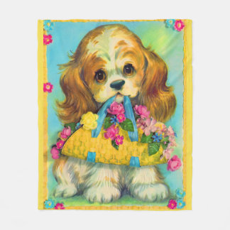 cute puppy holding flower basket fleece blanket