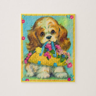cute puppy holding flower basket jigsaw puzzle
