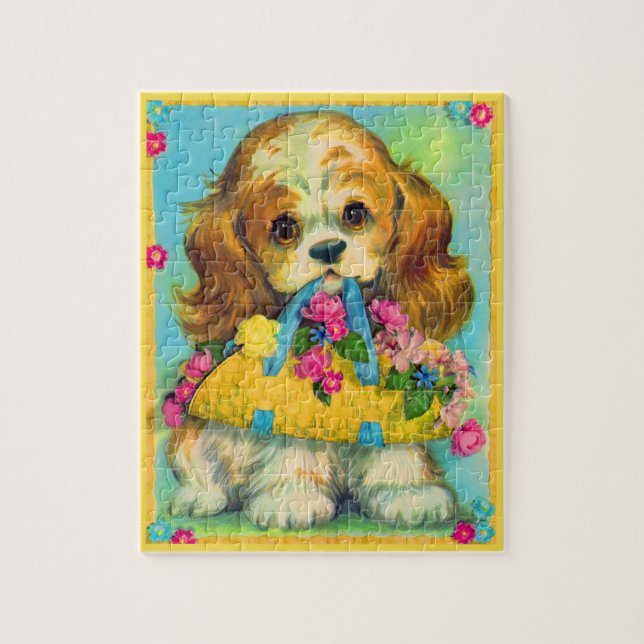 cute puppy holding flower basket jigsaw puzzle (Vertical)