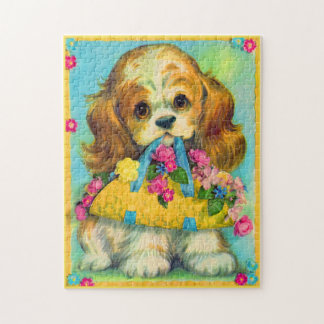 cute puppy holding flower basket jigsaw puzzle