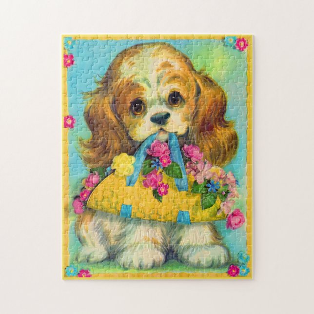 cute puppy holding flower basket jigsaw puzzle (Vertical)