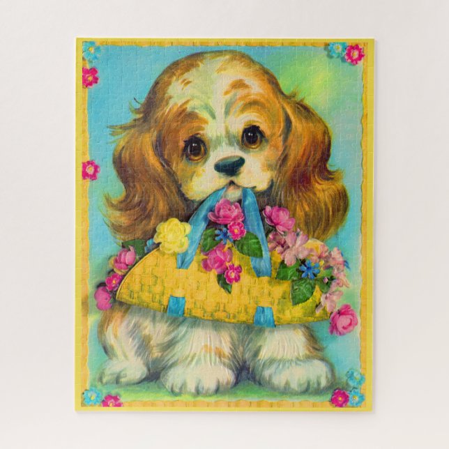 cute puppy holding flower basket jigsaw puzzle (Vertical)