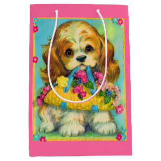 cute puppy holding flower basket medium gift bag