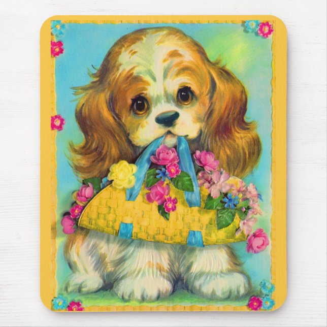 cute puppy holding flower basket mouse pad (Front)