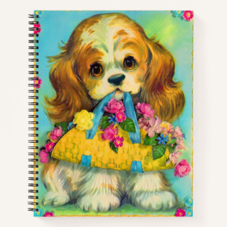 cute puppy holding flower basket notebook