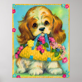 cute puppy holding flower basket poster