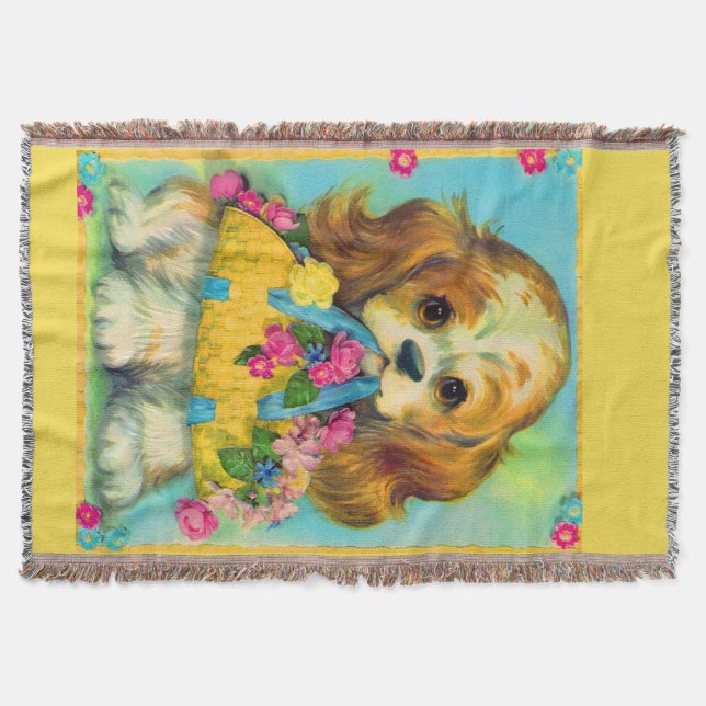 cute puppy holding flower basket throw blanket (Front)