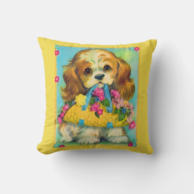 cute puppy holding flower basket throw pillow (Front)