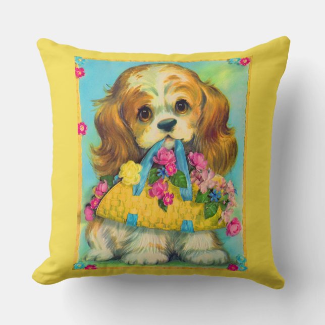 cute puppy holding flower basket throw pillow (Front)