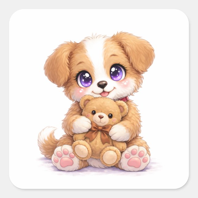 Cute Puppy Holding Teddy Bear Square Sticker (Front)