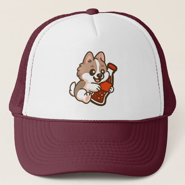 Cute Puppy Hugging Soda Bottle Trucker Hat (Front)