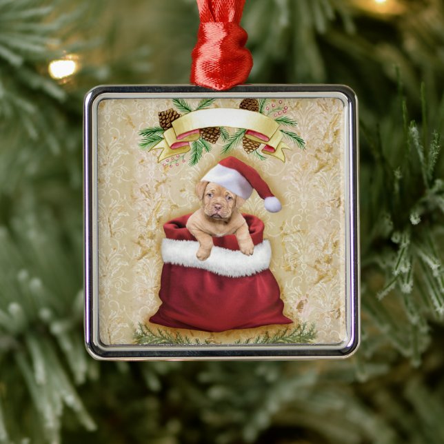 Cute Puppy in a bag with Christmas toys Metal Ornament (Tree)