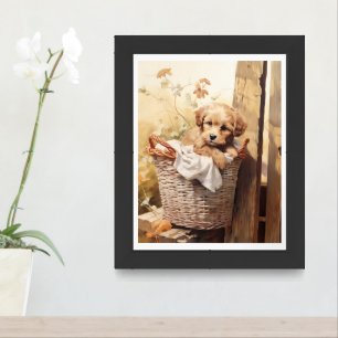 Cute Puppy in a Basket AI Assist  Framed Art