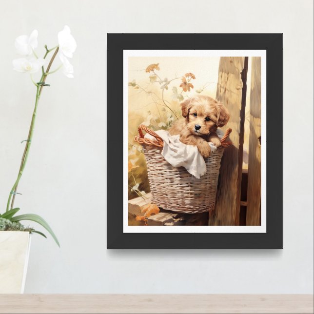 Cute Puppy in a Basket AI Assist  Framed Art (Entryway)