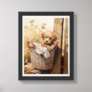 Cute Puppy in a Basket AI Assist Framed Art