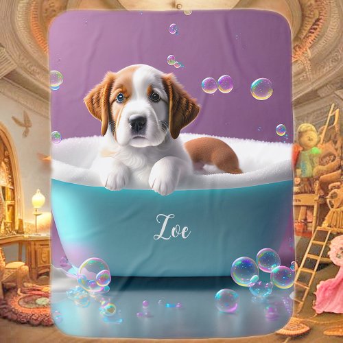 Cute puppy in a bathtub with soap bubbles baby blanket