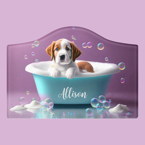 Cute puppy in a bathtub with soap bubbles door sign