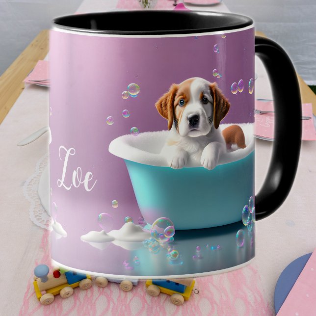Cute puppy in a bathtub with soap bubbles mug (Creator Uploaded)