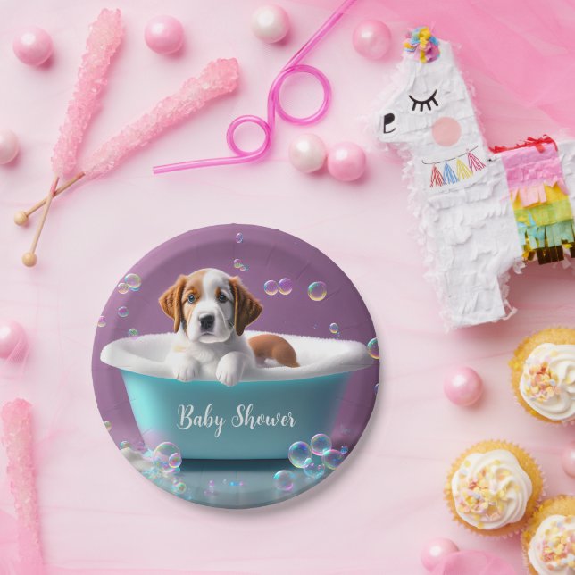 Cute puppy in a bathtub with soap bubbles paper plates (Party)