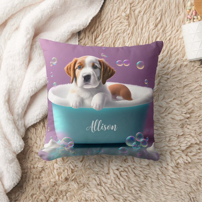 Cute puppy in a bathtub with soap bubbles throw pillow (Blanket)