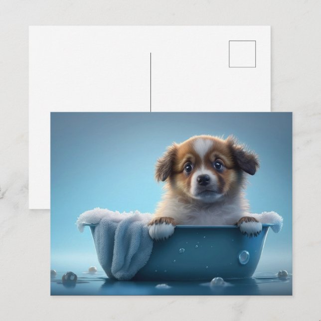 Cute Puppy in Blue Bath Tub Postcard (Front/Back)